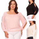 Scoop Neck Solid Linen Top with Long Open Cut Sleeves and Elastic Hem