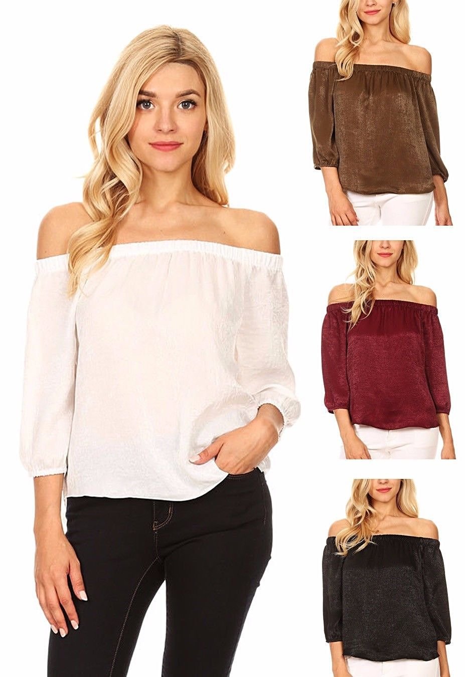 Solid Off-the-Shoulder Top with Elastic Neckline, 3/4 Sleeves, and Rounded Hem