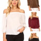 Solid Off-the-Shoulder Top with Elastic Neckline, 3/4 Sleeves, and Rounded Hem