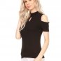 Mock Neck Solid Ribbed Knit Open Shoulder Top with Keyhole Opening on Front