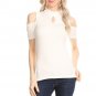Mock Neck Solid Ribbed Knit Open Shoulder Top with Keyhole Opening on Front