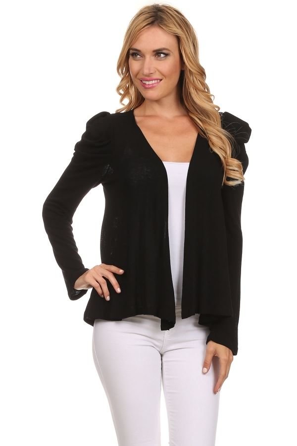 Black Fly Away Open Cardigan Thin Drape Knit Sweater with Puffy Shoulders