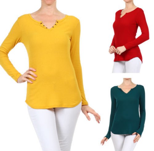 Ribbed Open Henley Long Sleeve 3 Hole T-Shirt Top