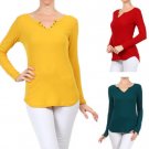 Ribbed Open Henley Long Sleeve 3 Hole T-Shirt Top