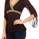 Bohemian Crinkled Blouse Gold Lace Trim Top
