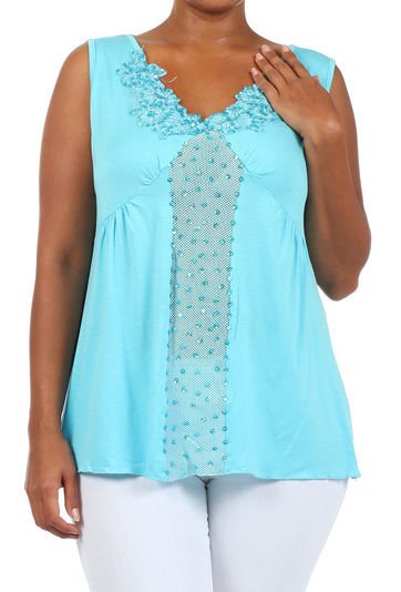 Top w/ Sheer Center Panel with Sequin Detail Sleeveless Blouse