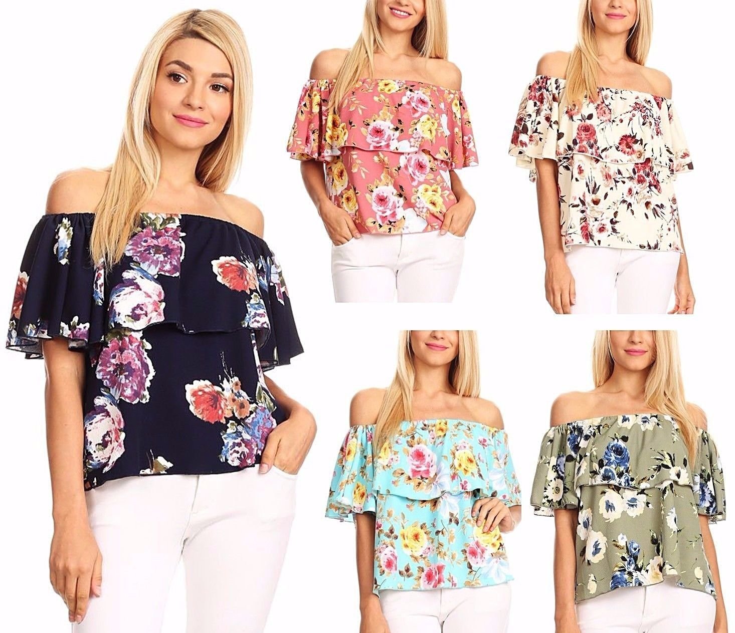 Floral Printed Off the Shoulder Crepe Top Casual Ruffle Blouse