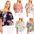 Floral Printed Off the Shoulder Crepe Top Casual Ruffle Blouse