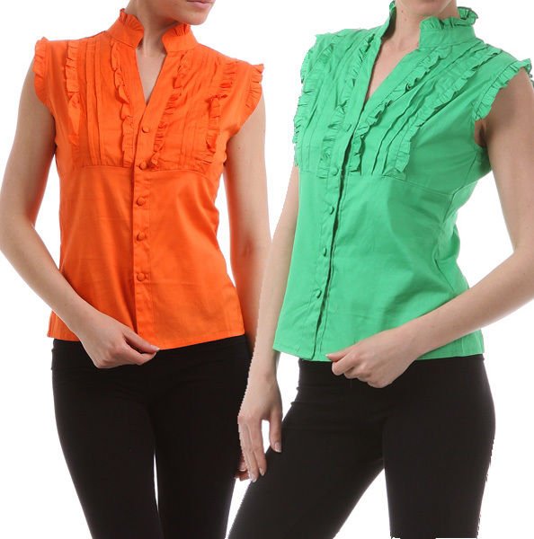 New Woman's Button Down Shirt 100% Cotton Top Ruffle Cap Sleeve Fashion Central