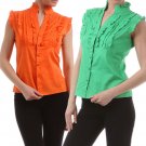 New Woman's Button Down Shirt 100% Cotton Top Ruffle Cap Sleeve Fashion Central