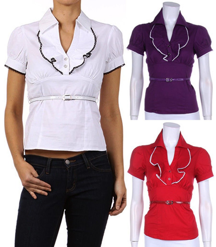 Belted Cotton Button Shirt Short Sleeve Ruffle Collar Top Fashion Central