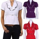 Belted Cotton Button Shirt Short Sleeve Ruffle Collar Top Fashion Central