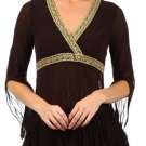Bohemian Crinkled Blouse Gold Lace Trim Top Fashion Central