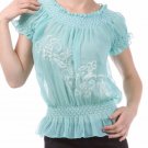 Chiffon Blouse Floral Embroidered Top w/ Smock Waist & Collar