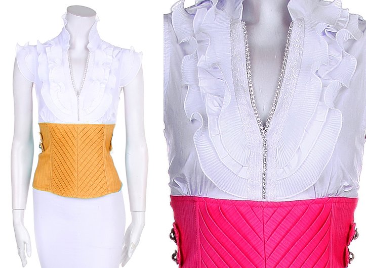 Rhinestone Trim Cotton V-Neck Ruffle Top Frilly Cap Sleeve Blouse Fitted Bodice