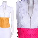 Rhinestone Trim Cotton V-Neck Ruffle Top Frilly Cap Sleeve Blouse Fitted Bodice