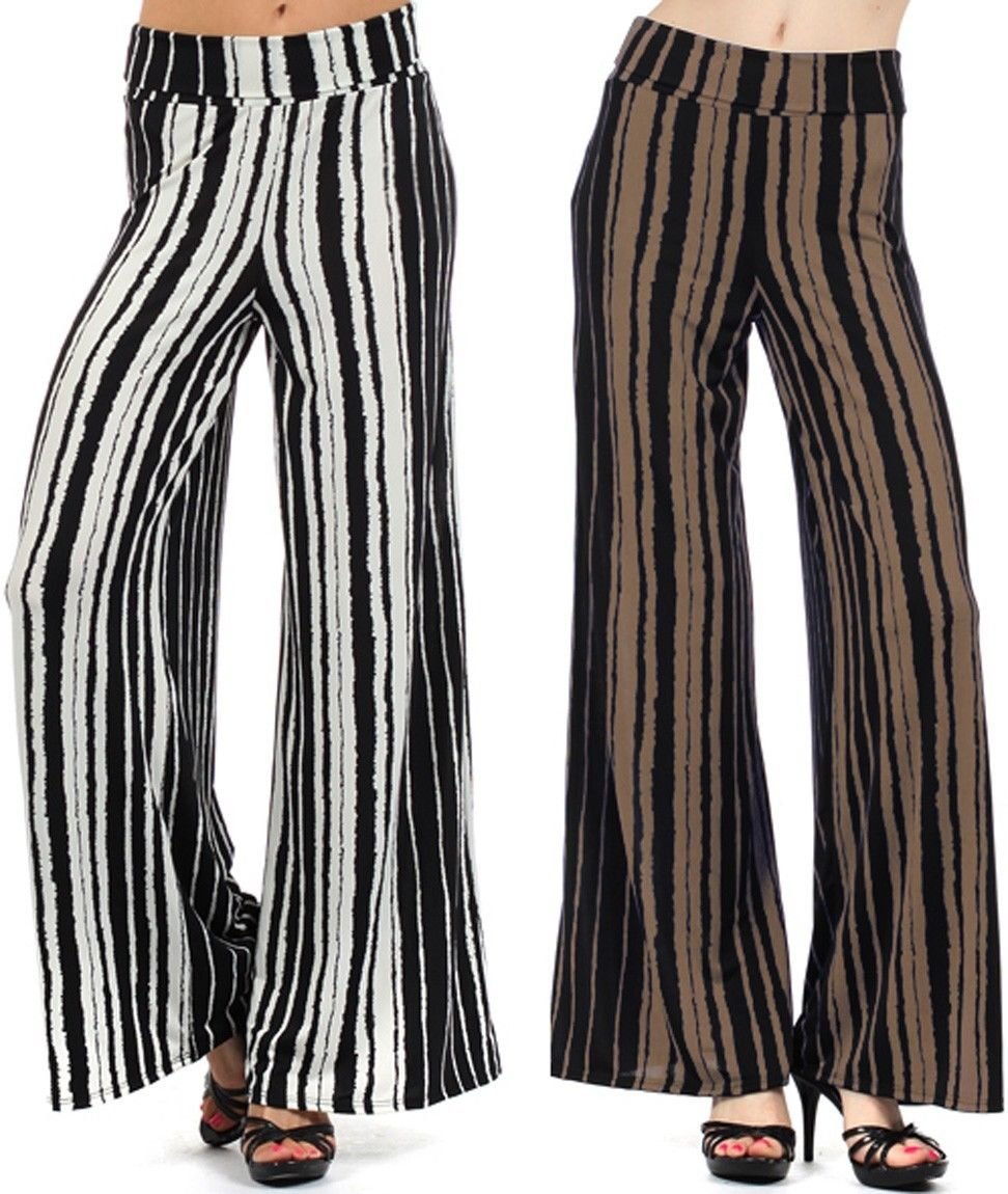 New Distressed Striped Wide Leg High Waist Fold Over Palazzo Flare Lounge Pants