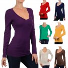 Fitted Cotton Basic V-Neck Top Long Sleeve T-Shirt Great for Layering