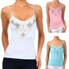 Jewel Embellished Stretchy Camisole - Sequin Tank Top w/ Spaghetti Straps