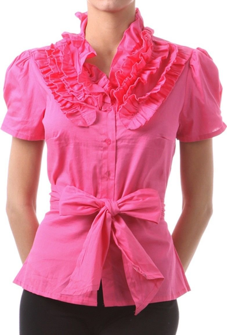 Regular & Plus Size 100% Cotton Collared Ruffle Top Button Down Belted Shirt