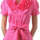 Regular & Plus Size 100% Cotton Collared Ruffle Top Button Down Belted Shirt