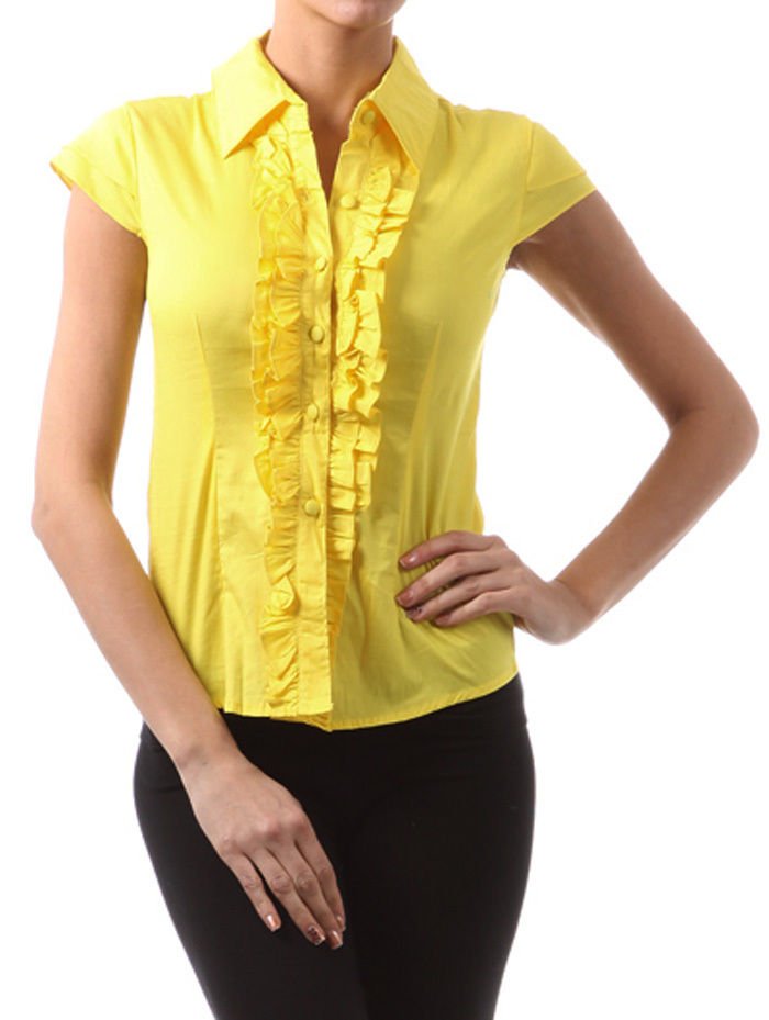 Collared Short Sleeve Button Down Cotton Shirt Ruffle Top
