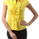 Collared Short Sleeve Button Down Cotton Shirt Ruffle Top