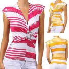 Striped Slinky Blouse Summer V-Neck Top w/ Crystal Center Fashion Central