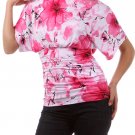 New Dolman Sleeve Floral Print Banded Blouse Boat Collar Top