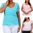Woman's Short Sleeve Blouse Textured Sweetheart Top