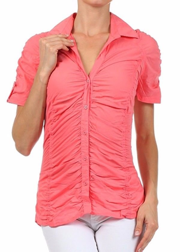 100% Cotton Button Down Shirt Ruched Top
