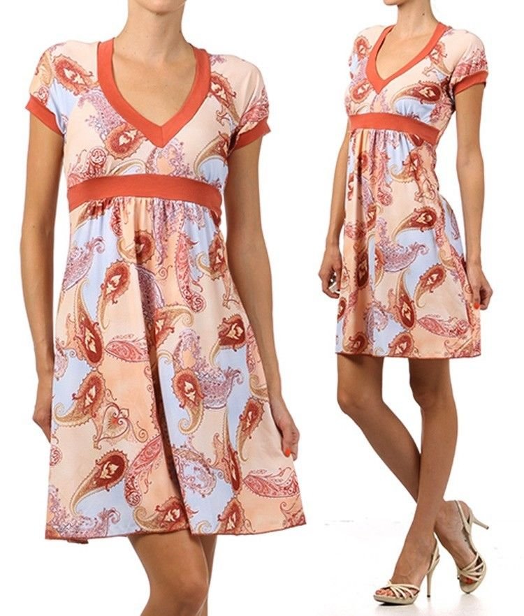 Pink Short Knee Length V-Neck Paisley Summer Dress