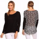 Relaxed Long Sleeve Casual Hi-Lo Knit Top with Sheer Print Back