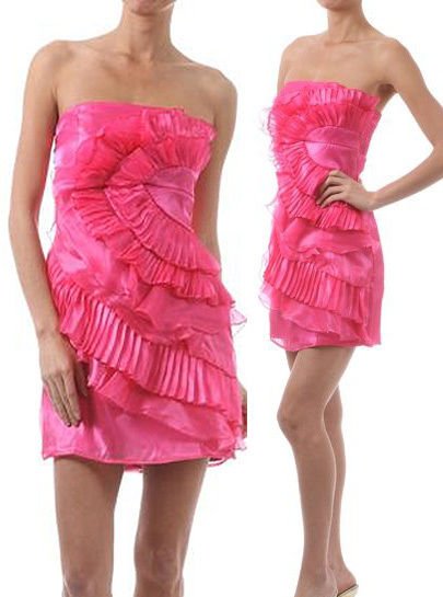 Strapless Hot Pink Ruffle Mini Cocktail Dress