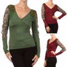 Animal Print Chiffon Knit Top with Beaded Shoulders