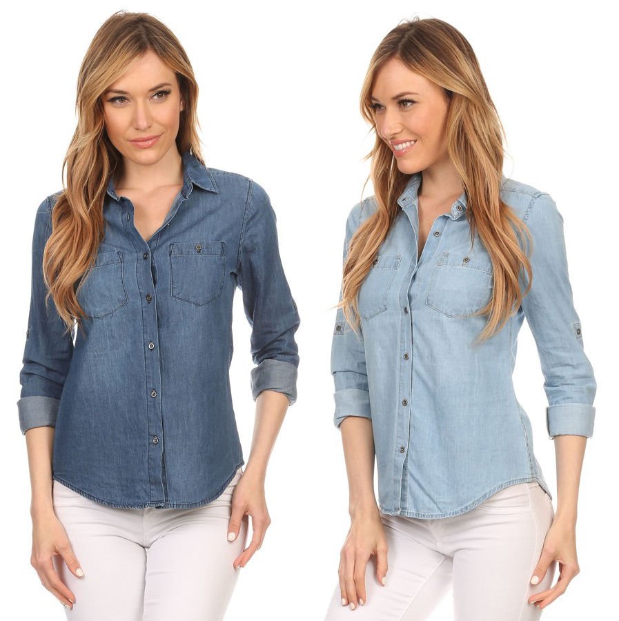 100% Cotton 3/4 Sleeve Collared Button Down 2 Pocket Denim Top