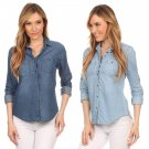 100% Cotton 3/4 Sleeve Collared Button Down 2 Pocket Denim Top