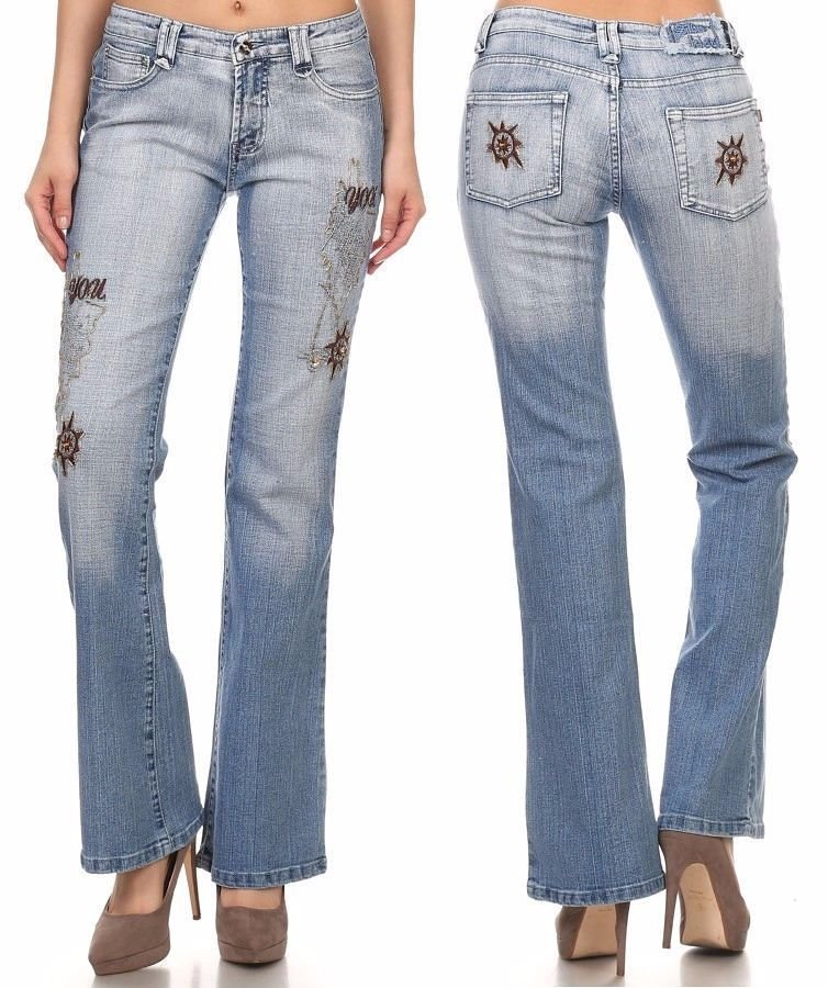 Sailor Compass Print Two-Tone Wash Denim Bootcut Jeans