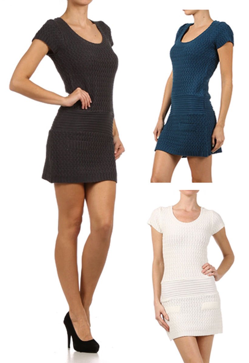 New Woman's Juniors Textured Mini Sweater Dress Fitted Tunic Fashion Central