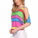 Multi-Color Knit Top Open Shoulder Colorful Cropped 3/4 Sleeve T-Shirt