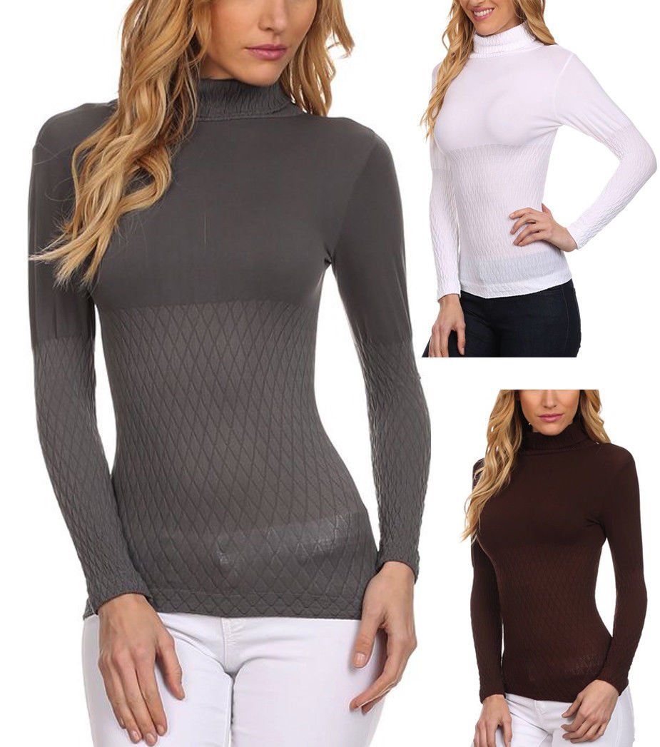 Casual Basic Textured Stretchy Knit Nylon Turtleneck Top with Long Sleeves