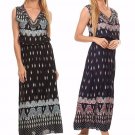 Sleeveless Paisley Print Maxi Boho Peasant Dress w/ Beaded Neckline