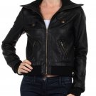 Faux Leather Motorcycle Jacket w/ Full Zipper and Knit Collar Trim