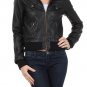 Faux Leather Motorcycle Jacket w/ Full Zipper and Knit Collar Trim