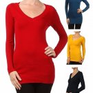 Basic Long Fitted Cotton Sweater V-Neck Knit Top
