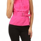 Cotton Belted Button Top Collared Shirt Fitted Blouse