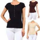 100% Cotton Short Sleeve Ribbed Henley Top w/ Buttons Fashion Central
