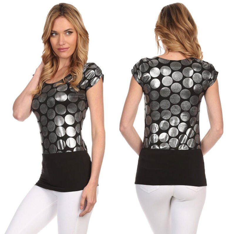 Metallic Polka Dot Summer Blouse w/ Cap Sleeve Banded Top Fashion Central