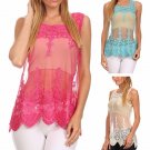Sheer Sleeveless Crochet Blouse Lace Embroidered Tunic Tank Top