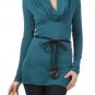 Ultra Fitted Teal Cowl Neck Belted Tunic Long Sleeve Knit Top Fashion Central
